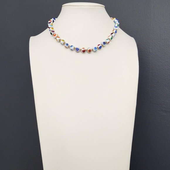 White glass beaded necklace w/multi color designs - Picture 2 of 15